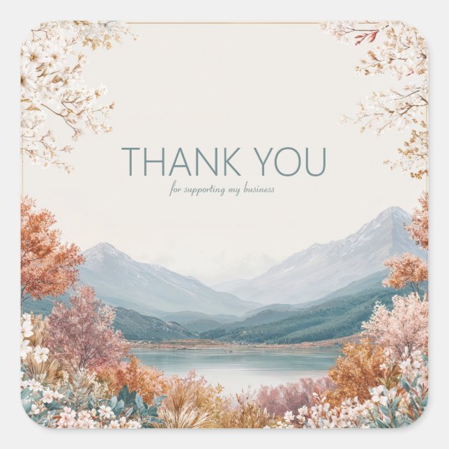 Elegant Mountain Lake Blossom Gold Frame Landscape Quadratischer Aufkleber (Vorderseite)