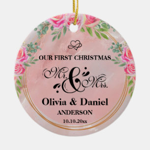 Elegant Mr. and Mrs Blush Pink Blume Wedding Keramik Ornament