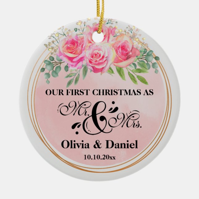 Elegant Mr. and Mrs Blush Pink Blume Wedding Keramik Ornament (Vorne)