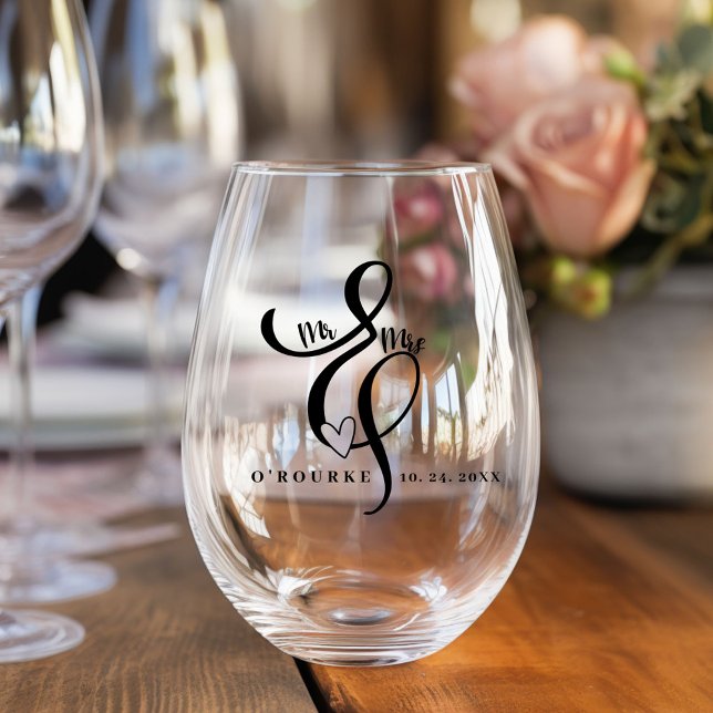 Elegant Mr & Mrs. Calligraphy Ampersand Wedding Weinglas Ohne Stiel (Von Creator hochgeladen)