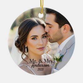 Elegant Mr & Mrs Custom Wedding Photo Monogram Keramik Ornament