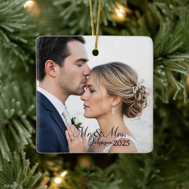 Elegant Mr. & Mrs. Custom Wedding Photo Monogram  Keramikornament (Baum)