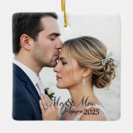 Elegant Mr. & Mrs. Custom Wedding Photo Monogram  Keramikornament