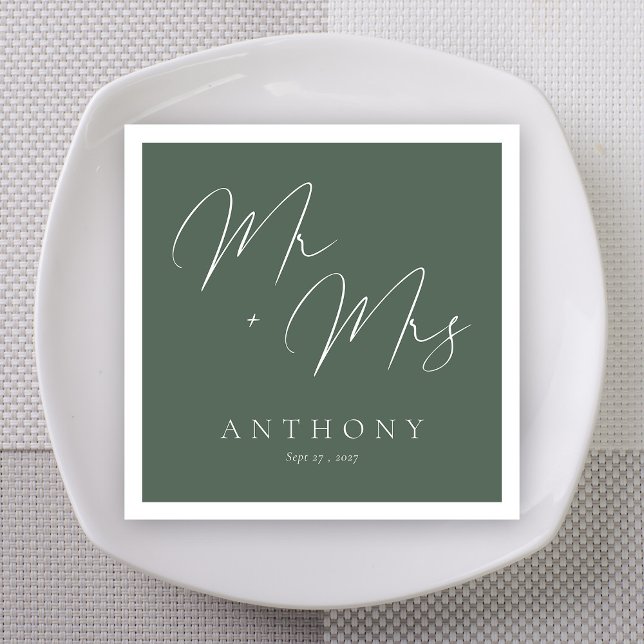 Elegant Mr. & Mrs. Sage Green & White Script Weddi Serviette (Sage Green Bold Marker Mr + Mrs Custom Wedding Napkins)
