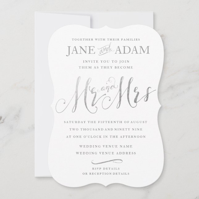 Elegant Mr. & Mrs. Silver Typografy Wedding Einlad Einladung (Vorderseite)