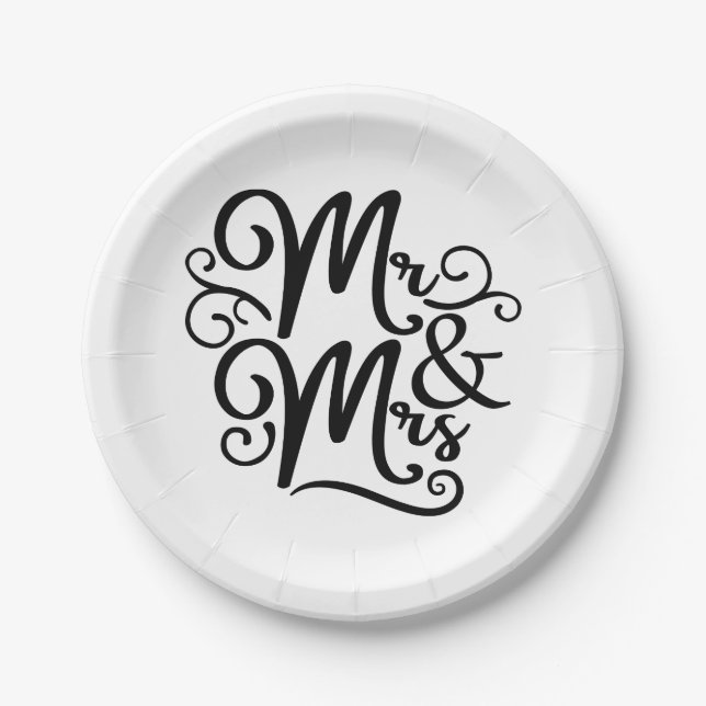 Elegant Mr. & Mrs. Wedding Just Married Schwarz-we Pappteller (Vorderseite)