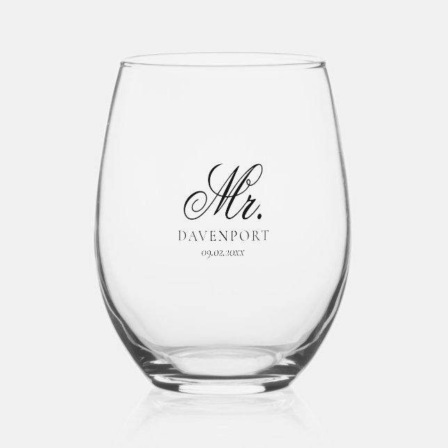 Elegant Mr. & Mrs. Wedding Keepake Geschenk Weinglas Ohne Stiel (Vorderseite)
