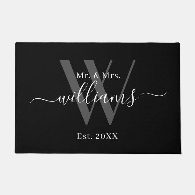 Elegant Mr. und Mrs. Black Gray Monogram Name Scri Fußmatte (Vorderseite)