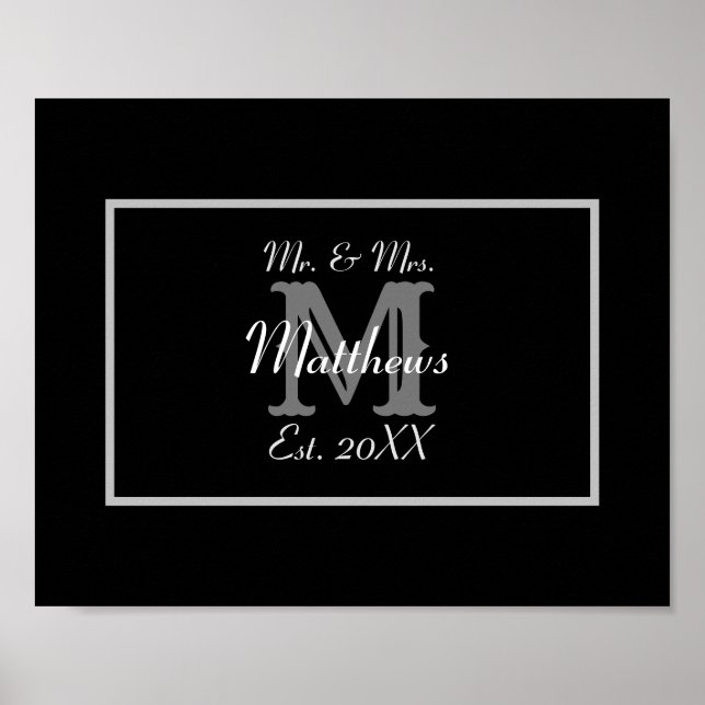 Elegant Mr. und Mrs. Monogram Black Poster (Vorne)