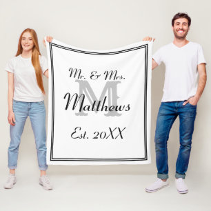 Elegant Mr. und Mrs. Monogram White Fleecedecke