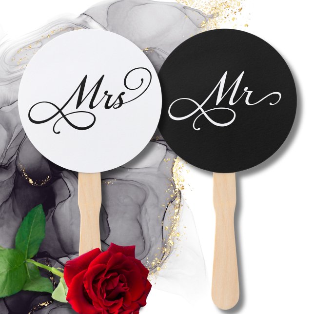 Elegant Mr. Wedding Game Fächer (elegant black and white Mr and Mrs wedding game hand fan,calligraphy script typography wedding favor)