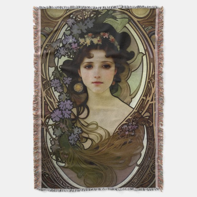 Elegant Mucha Style Porträt einer schönen Frau Decke (Vorderseite Vertikal)