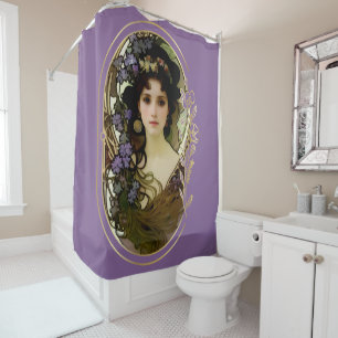 Elegant Mucha Style Porträt einer schönen Frau Duschvorhang