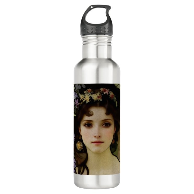 Elegant Mucha Style Porträt einer schönen Frau Edelstahlflasche (Vorderseite)