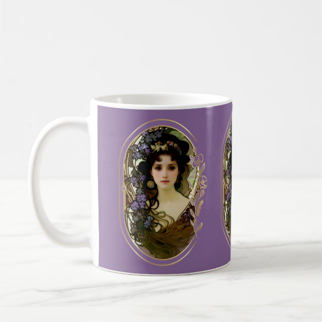 Elegant Mucha Style Porträt einer schönen Frau Kaffeetasse (Links)