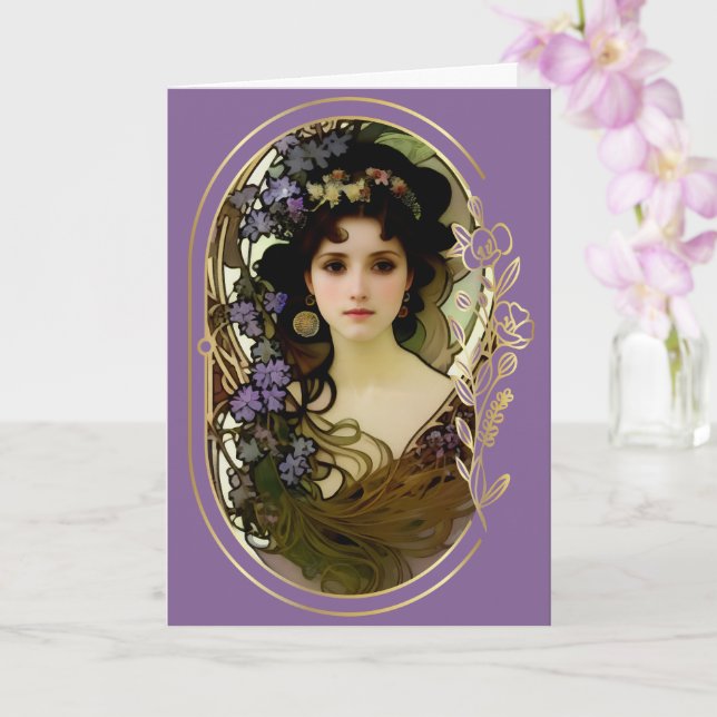 Elegant Mucha Style Porträt einer schönen Frau Karte (Orchidee)