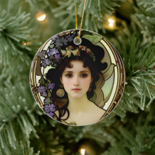 Elegant Mucha Style Porträt einer schönen Frau Keramik Ornament