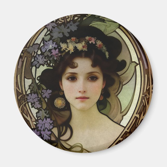 Elegant Mucha Style Porträt einer schönen Frau Magnet (Vorne)