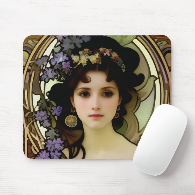 Elegant Mucha Style Porträt einer schönen Frau Mousepad (Mit Mouse)