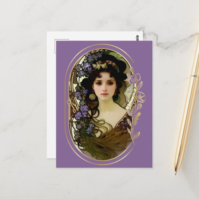 Elegant Mucha Style Porträt einer schönen Frau Postkarte (Vorderseite/Rückseite Beispiel)