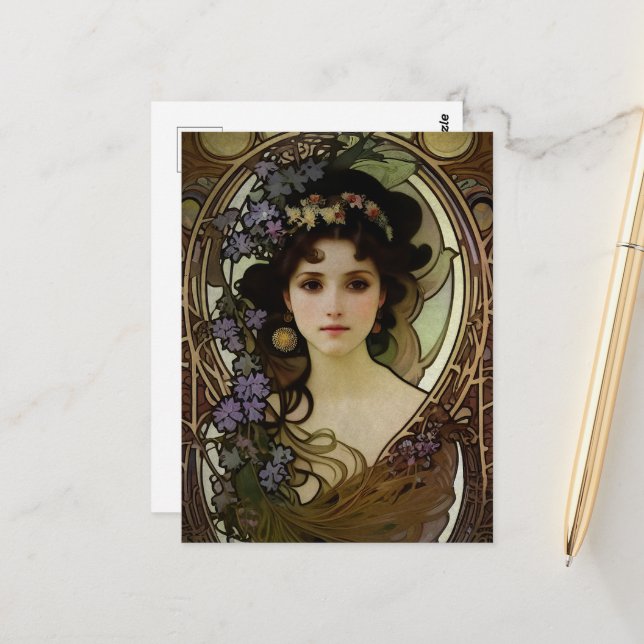 Elegant Mucha Style Porträt einer schönen Frau Postkarte (Vorderseite/Rückseite Beispiel)