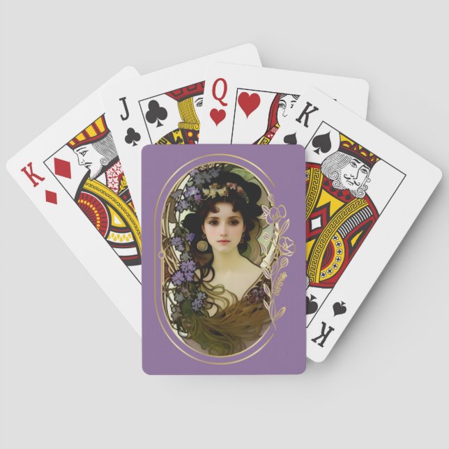 Elegant Mucha Style Porträt einer schönen Frau Spielkarten (Rückseite)