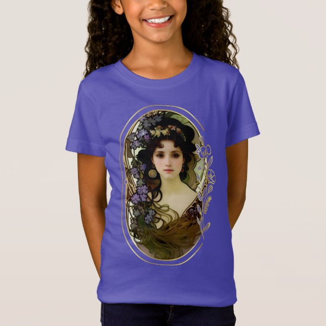 Elegant Mucha Style Porträt einer schönen Frau T-Shirt (Vorderseite)
