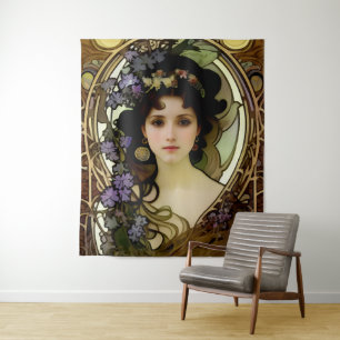 Elegant Mucha Style Porträt einer schönen Frau Wandteppich