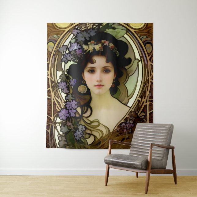 Elegant Mucha Style Porträt einer schönen Frau Wandteppich (Beispiel)