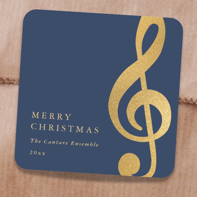 Elegant Musical Gold Treble Clef Merry Christmas Quadratischer Aufkleber (Von Creator hochgeladen)