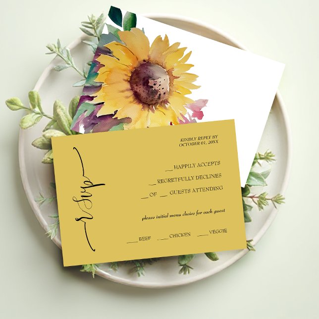 Elegant Mustard Sunflower Calligraphy RSVP Karte (Von Creator hochgeladen)