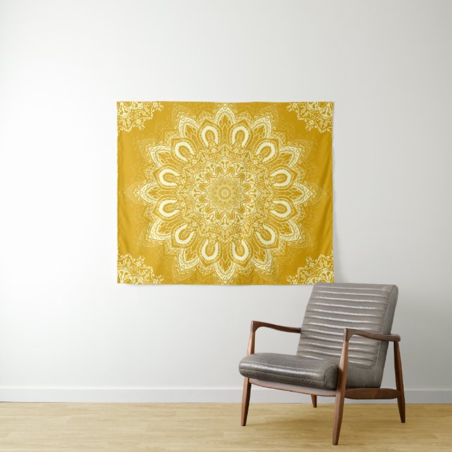 Elegant Mustard Yellow Blume Mandala Wandteppich (Beispiel (Horizontal))