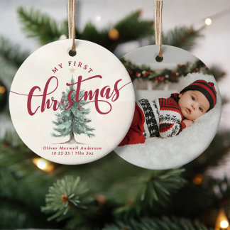 Elegant My First Christmas Tree Script Baby Photo Keramik Ornament