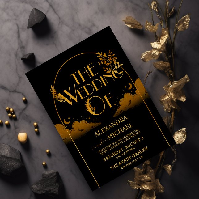 Elegant Mystical Black Gold Clouds Moon Wedding Einladung (Von Creator hochgeladen)