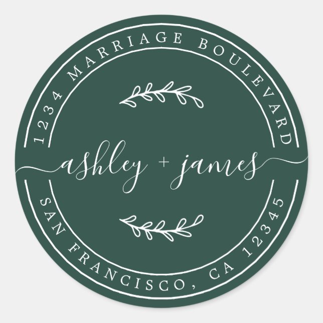 Elegant Names Dark Green Wedding Rücksendeadresse Runder Aufkleber (Vorderseite)