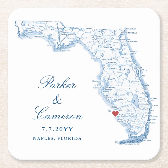 Elegant Naples Florida Map Wedding Rechteckiger Pappuntersetzer (Vorderseite)
