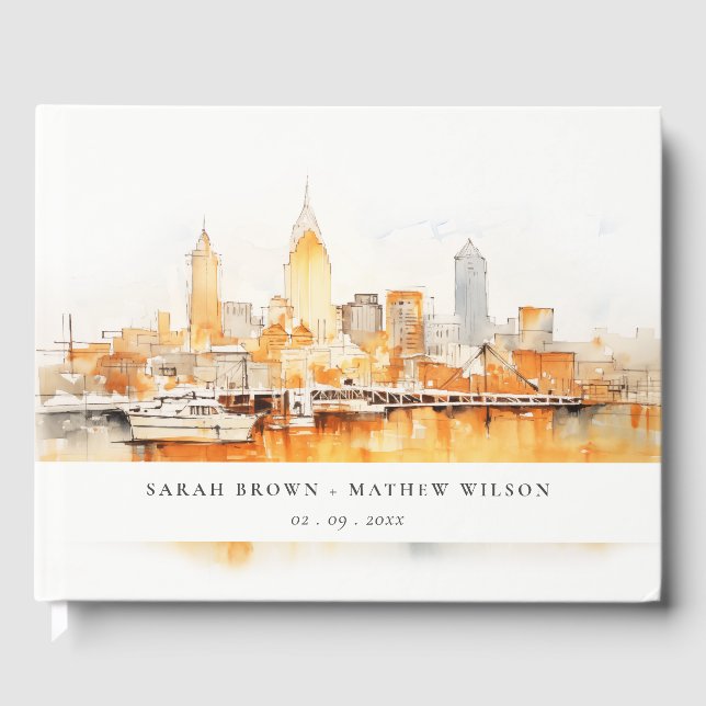 Elegant Nashville City Skyline Watercolor Wedding Gästebuch (Vorderseite)