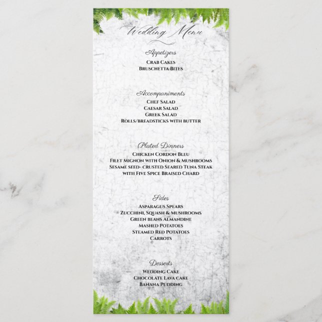 Elegant Natural Ferns Romantische Blätter Hochzeit Menükarte (Vorderseite)