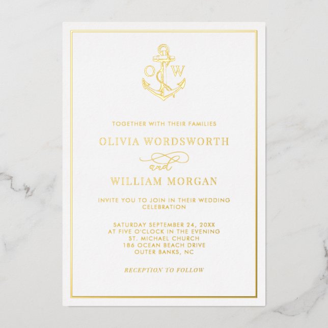 Elegant Nautical Anchor Monogram Wedding All Gold  Folieneinladung (Vorderseite)