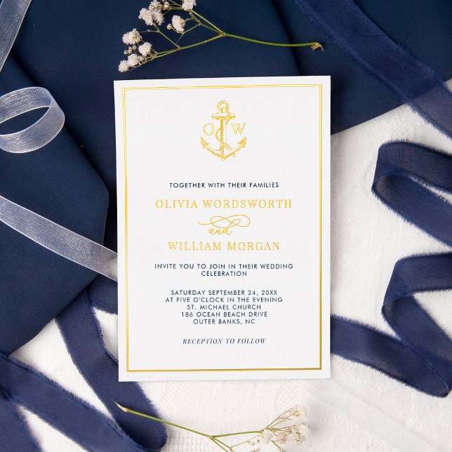 Elegant Nautical Anchor Monogram Wedding Gold Folieneinladung (Von Creator hochgeladen)