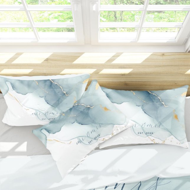 Elegant Nautical Beach Dusty Blue Mr. Wedding Kissenbezug (nautical dusty blue gold beach waves wedding anniversary gift duvet cover newly weds elegant modern)