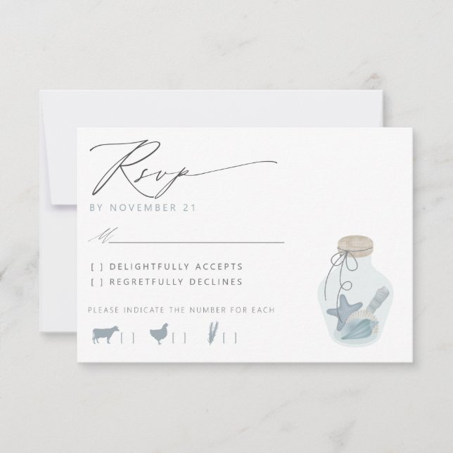 Elegant Nautical Beach Seashell Wedding RSVP Karte (Vorderseite)