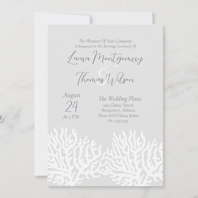 Elegant Nautical Beach White Sea Coral Wedding Einladung (Vorderseite)