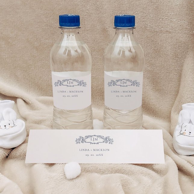 Elegant Nautical botanical Wappen Monogramm Hochze Wasserflaschenetikett (Von Creator hochgeladen)