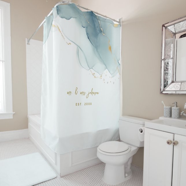 Elegant Nautical Dusty Blue Gold Couple Wedding Duschvorhang (Beispiel)