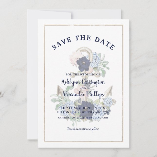 Elegant Nautical Floral Anchor Navy Blue Champagne Save The Date (Vorderseite)
