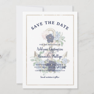 Elegant Nautical Floral Anchor Navy Blue Champagne Save The Date