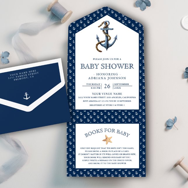 Elegant Nautical Navy Blue Anchor Baby Shower All In One Einladung (Von Creator hochgeladen)
