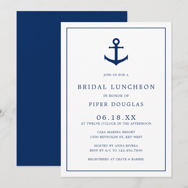 Elegant Nautical Navy Blue Anchor Bridal Luncheon Einladung (Vorne/Hinten)