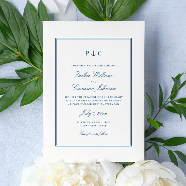 Elegant Nautical Navy Blue Anchor Hochzeit Einladung (This elegant anchor monogram wedding invitation matches the Coastal Map Designs Save the dates)